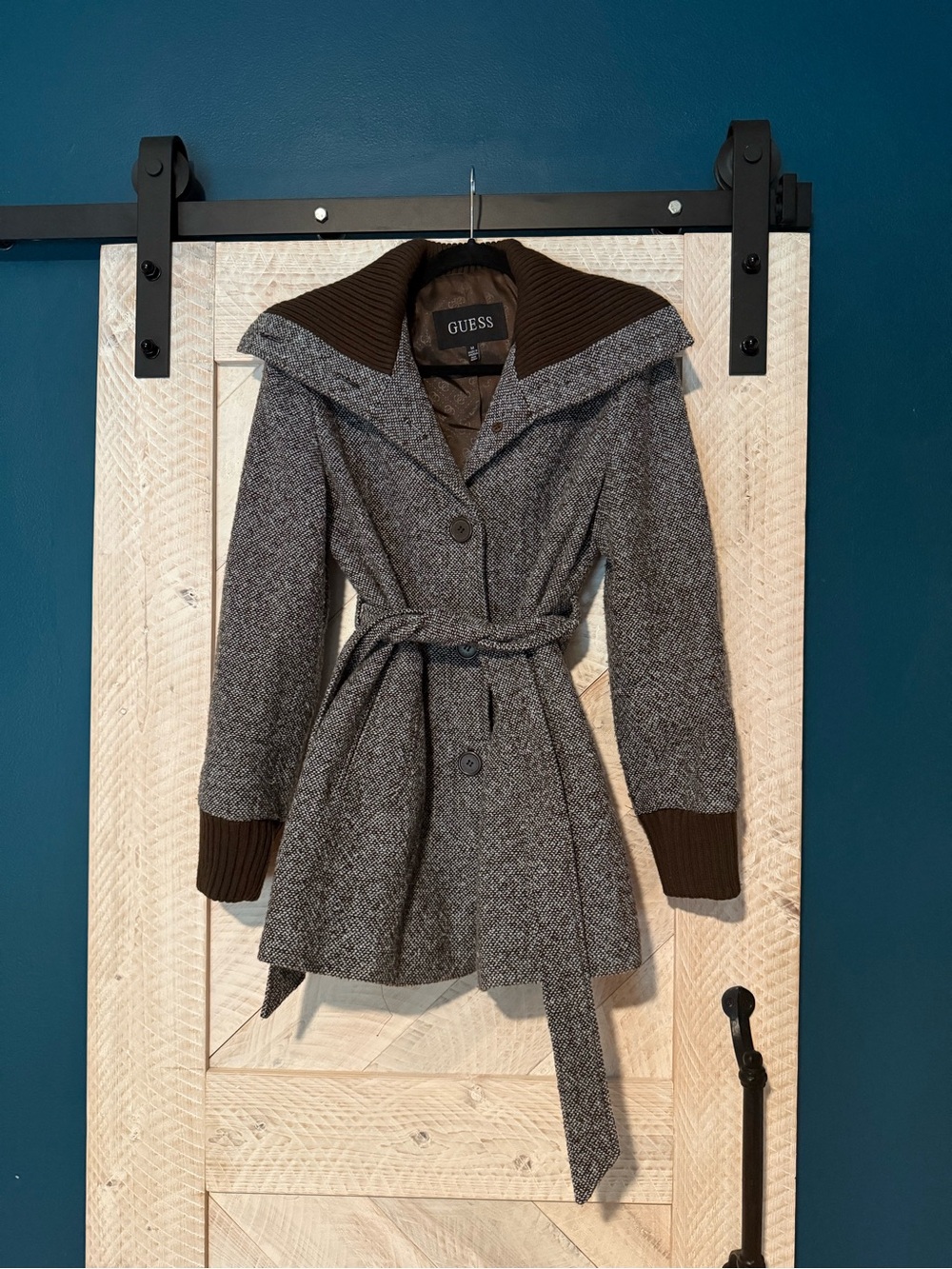 GUESS Gray Tweed Belted Trench Coat with Brown Ribbed Collar & Cuffs
